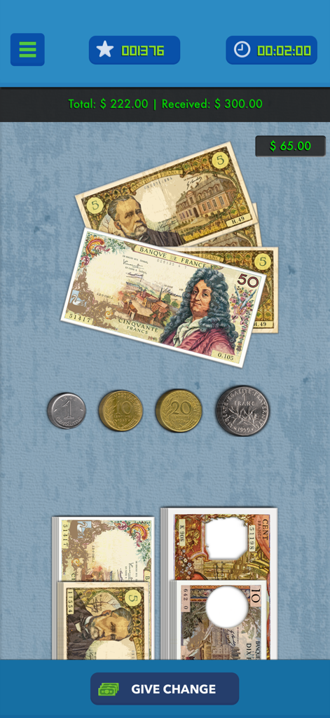 Take Your Money - Captura de pantalla de la aplicación Take Your Money que muestra un ejercicio de conteo de cambio con billetes y monedas.