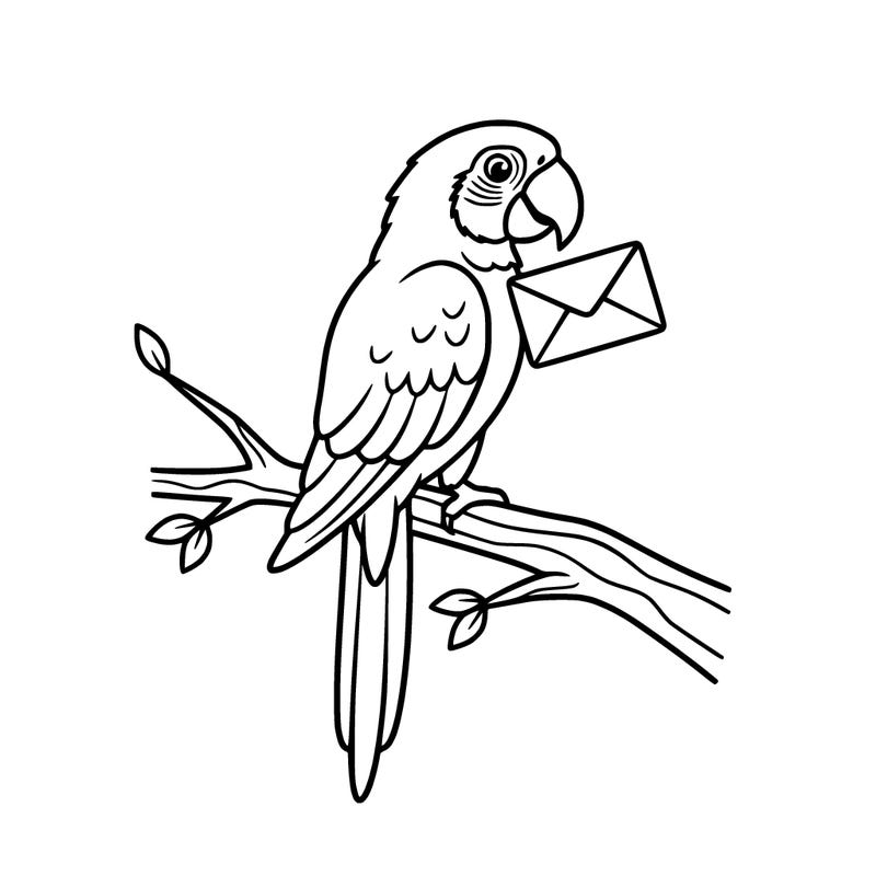 a parrot bird sitting in a tree branch holding an envelope