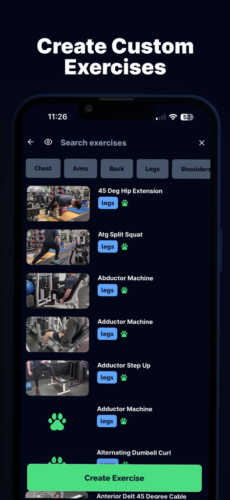 Tracked • Strength Training - A search interface within the Tracked app showing a list of strength training exercises and a green button to create custom exercises.