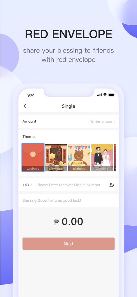 JuanCash-ZYBI Tech - JuanCash mobile app screen showing the red envelope feature for sending digital monetary gifts with themed options
