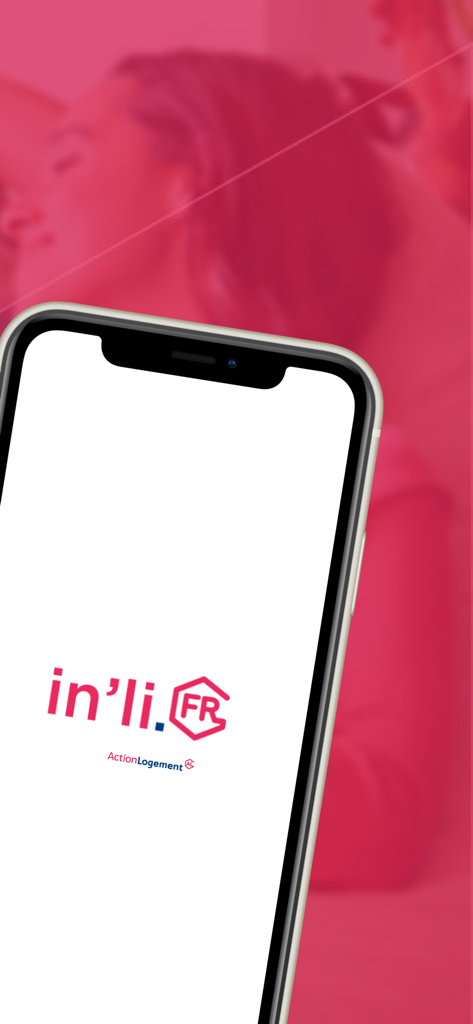 in'li.FR - Splash screen of the inli.FR real estate app showing the logo on a white smartphone display