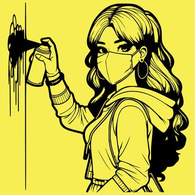 realistic girl with mask spray painting a wall