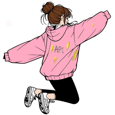realistic girl jumping with a bun and oversized sweatshirt