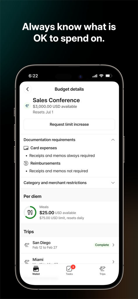 Brex mobile app screen displaying budget details for a sales conference including expense policies and per diem limits