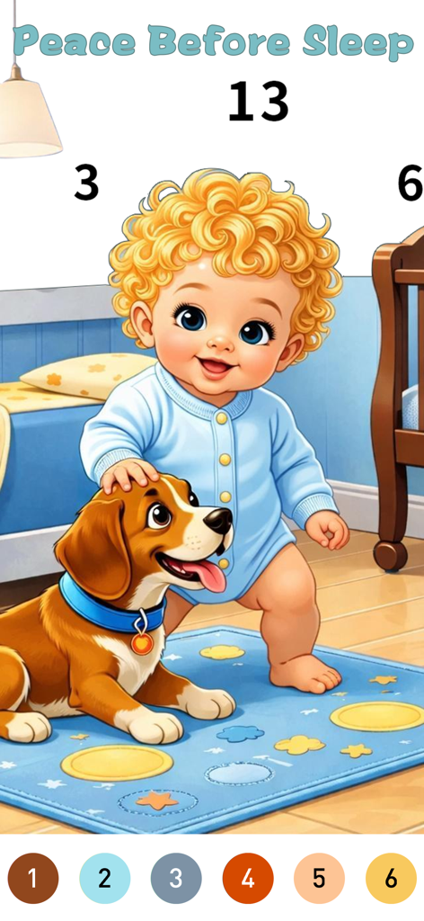 Cradle Color By Number - A baby and a dog in a nursery scene from the Cradle Color coloring app