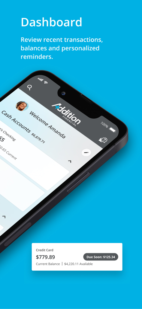Tela de smartphone exibindo o painel do aplicativo Addition Financial Mobile com saldos de contas e lembretes de pagamento.