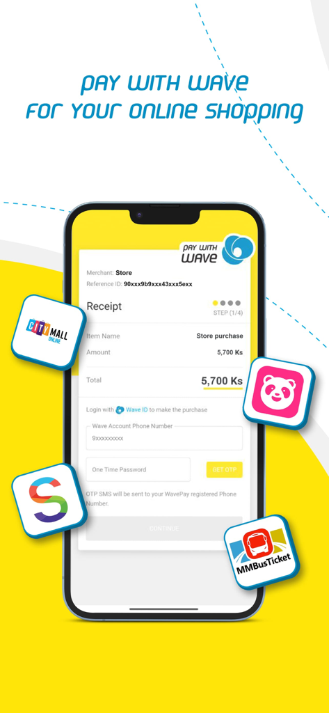 WavePay - WavePayアプリのインターフェース。FoodPandaやMMBusTicketなどのサービスに対するオンラインショッピングの領収書と支払いログインを表示しています。