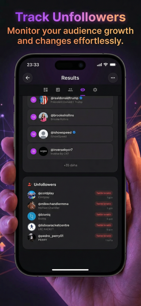 Interface do aplicativo FollowPeek mostrando uma lista de quem deixou de seguir no Instagram e resultados de rastreamento de perfil