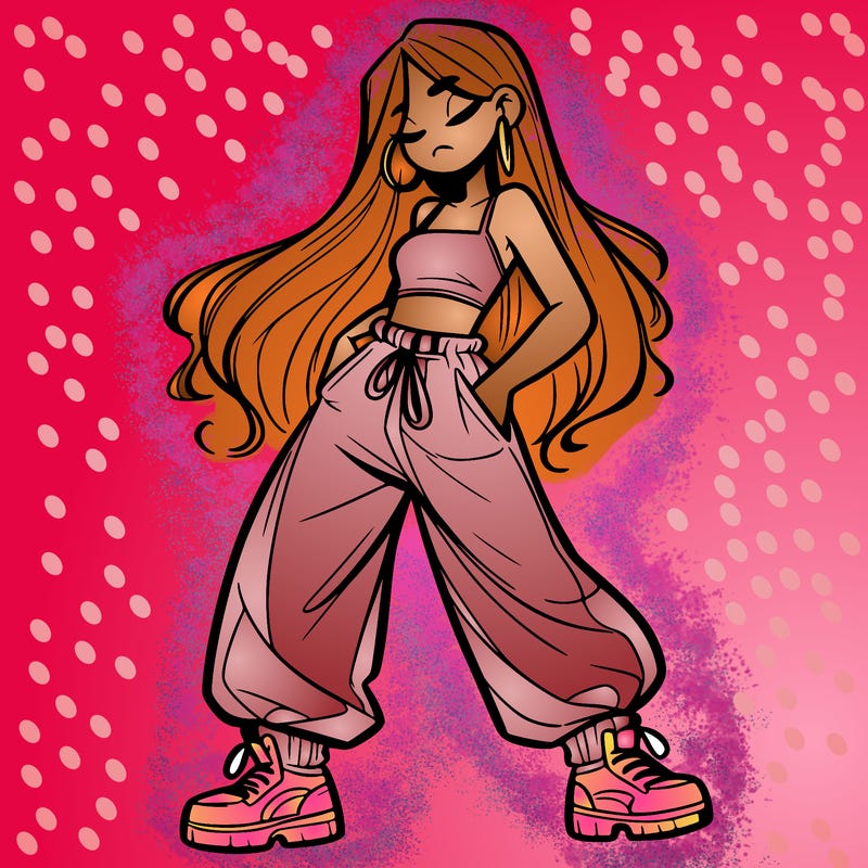 girl in baggy pants crop top and long hair