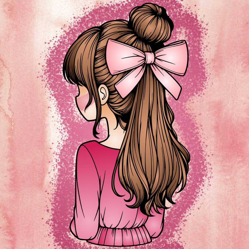 realistic girl  with hip length hair a bun and a big bow on the back of head