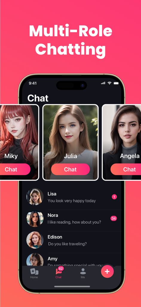 Mimico  - Ai friend chat - Interface do aplicativo Mimico mostrando múltiplos perfis de chat de personagens de IA e notificações de mensagens