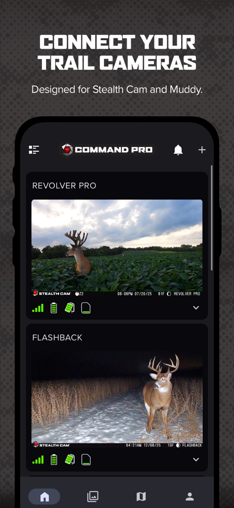 Command Pro mobile app showing deer captured on cellular trail cameras with battery and signal status