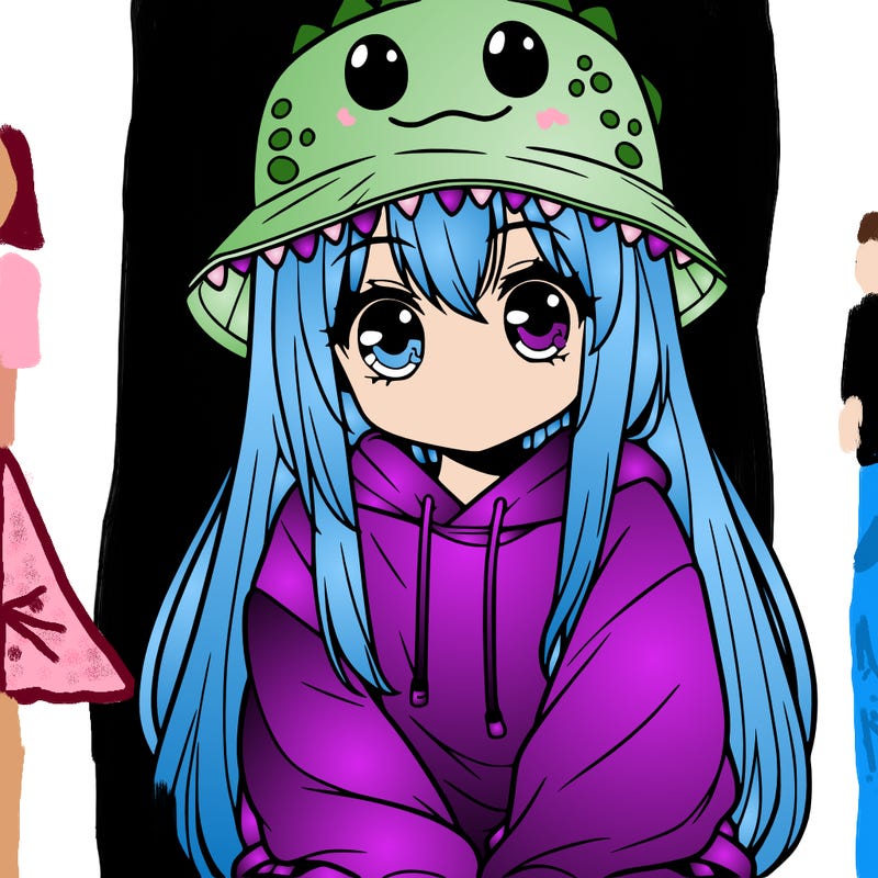 girl with anime shaped eyes with a dinosaur bucket hat oversized sweatshirt long straight hair