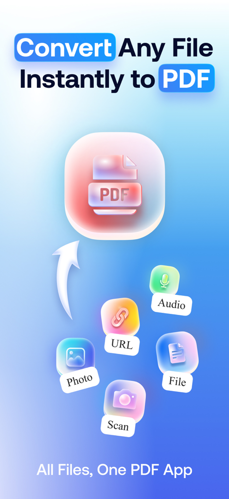 PDFeroアプリのインターフェイス。さまざまなソースからPDFへのファイル変換機能が強調表示されています。