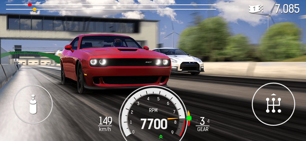 Nitro Nation: Drag Racing - Nitro Nation drag racing gameplay featuring a red Dodge Challenger SRT and technical dashboard display