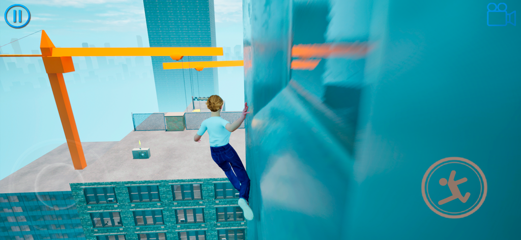 Rooftops Parkour Freerun - Eine Figur, die im Rooftops Parkour Freerun Handyspiel einen Wandlauf an einem Wolkenkratzer ausführt.