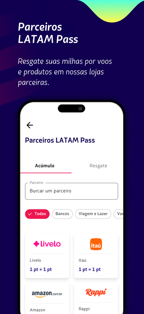 LATAM Pass App-Bildschirm mit verschiedenen Treuepartnern, darunter Livelo, Itau und Amazon, zum Sammeln und Einlösen von Reisepunkten.