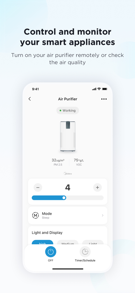 SmartHome app interface for monitoring and controlling a smart air purifier