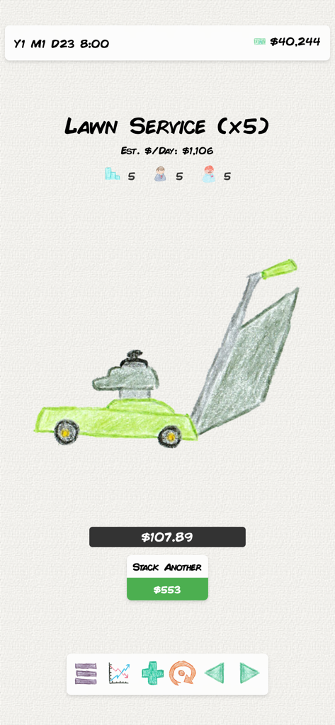 My Business Empire - A hand drawn crayon illustration of a lawn mower business interface in the My Business Empire simulation game.