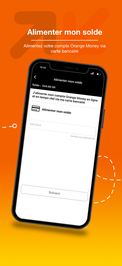 銀行カードを使用して口座残高をチャージするための画面を示すOrange Money Marocモバイルアプリのインターフェース