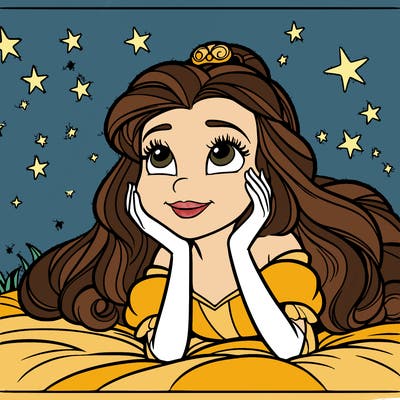 a princess lying on her back on a blanket, looking up at the stars with a dreamy expression.