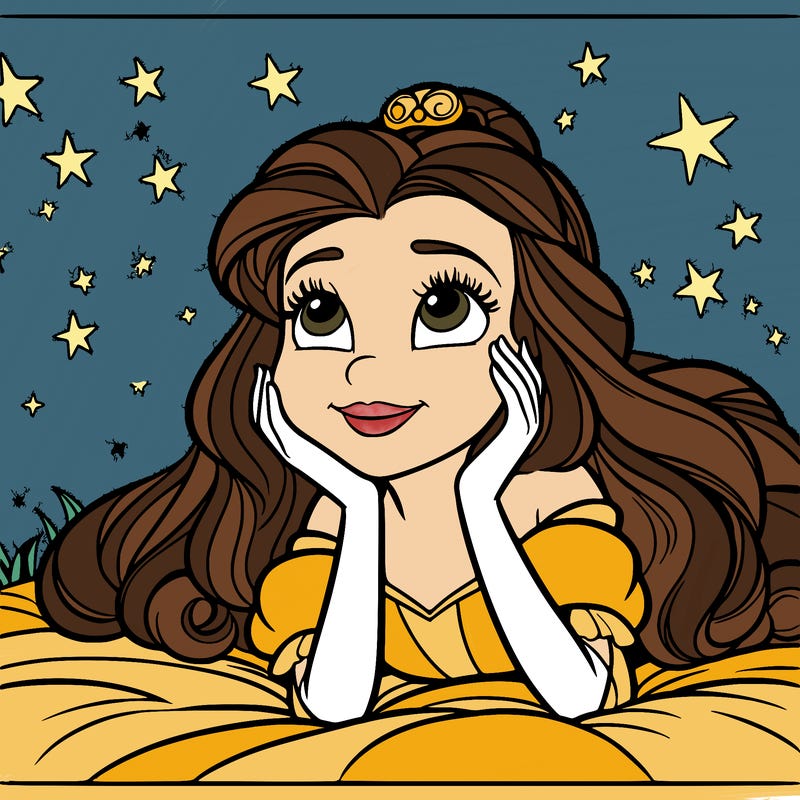 a princess lying on her back on a blanket, looking up at the stars with a dreamy expression.