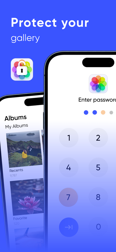 App Lock : Hide App & Lock App - A screenshot showing a gallery locked behind a PIN code interface with the heading Protect your gallery.