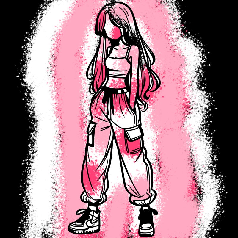 girl in baggy pants crop top and long hair