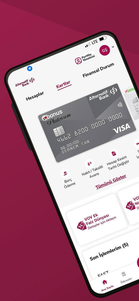 Alternatif Bank Mobile - Alternatif Bank Mobile app dashboard displaying a Platinum credit card and financial management options
