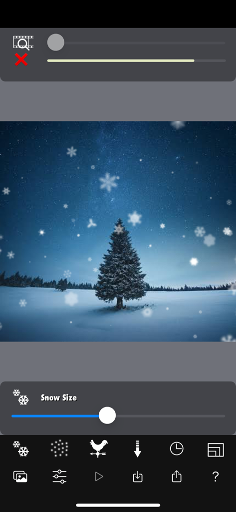Snow Effect Video - 木と降雪スライダーを調整する冬の写真と携帯アプリのインターフェース