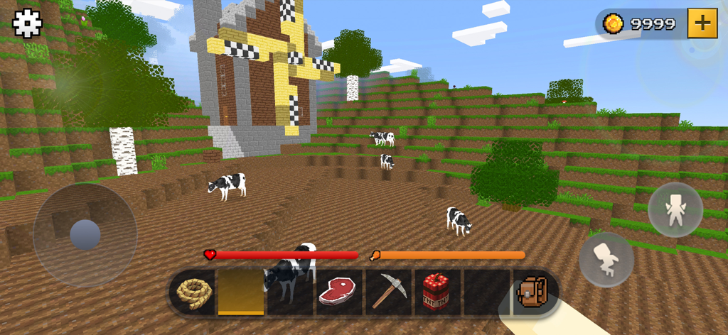Block Craft World Sandbox - Block Craft World Sandbox gameplay showing a windmill building and cows in a voxel landscape with survival UI