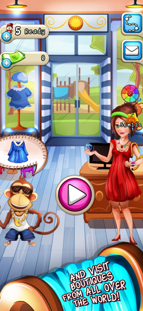 A scene from the Fancy Tale game featuring a fashion boutique with a female character and a cool monkey mascot