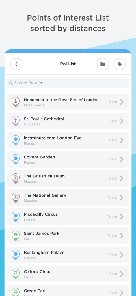 Lista de puntos de interés en Londres ordenados por distancia en la aplicación PlaceMapper