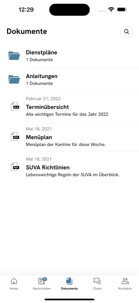 StaffApp - A mobile app screen showing a list of workplace documents and folders for employees including shift schedules and instructions.