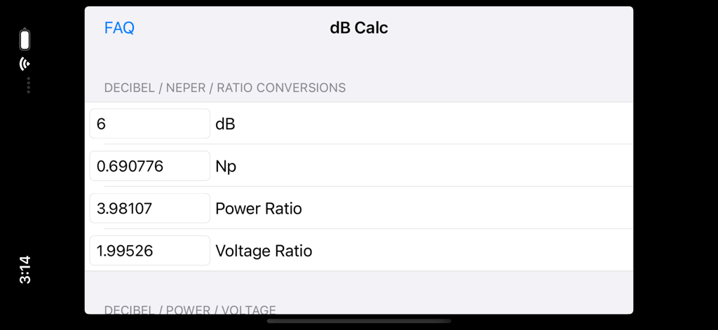 dB Calc app interface for decibel and ratio conversions