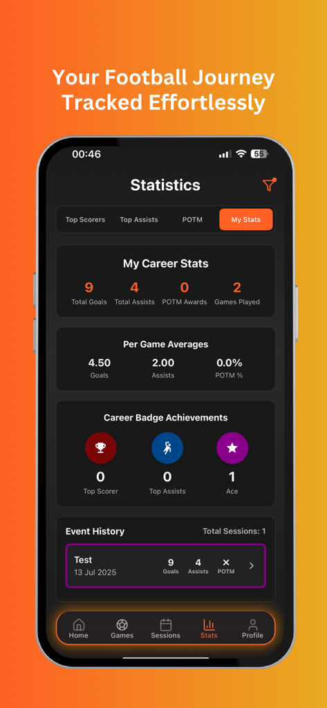 Just Play: Football - Pantalla de estadísticas de la aplicación móvil Just Play Football mostrando goles de carrera del jugador, asistencias e insignias de logros