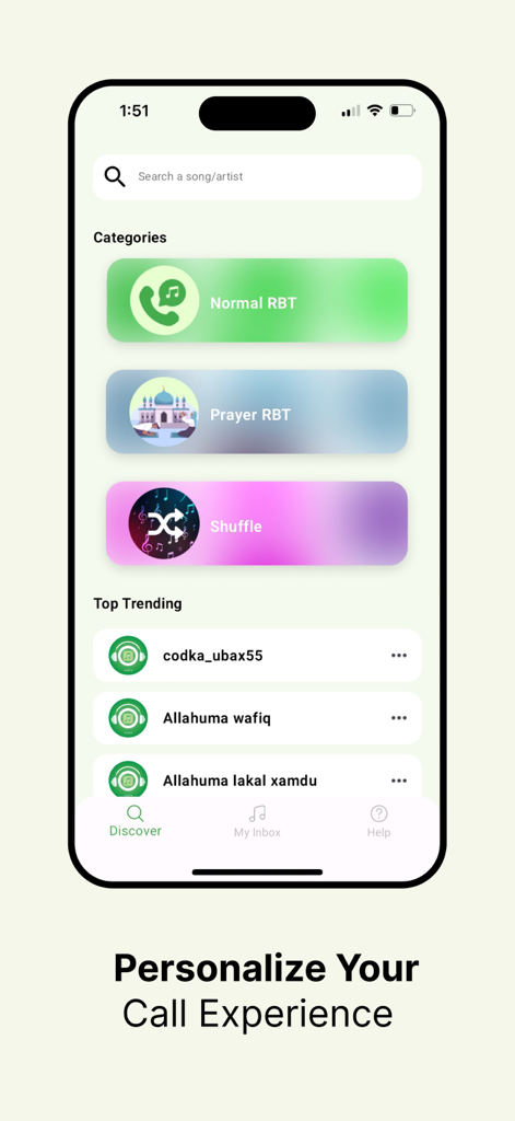 Nasiye CRBT - Nasiye CRBT mobile app interface showing ringback tone categories and trending songs for personalizing caller experiences