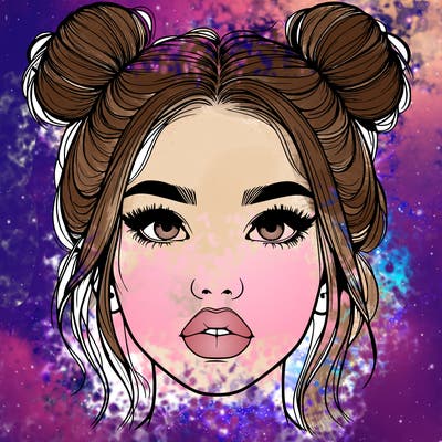 realistic girl with two buns on her hair and lips