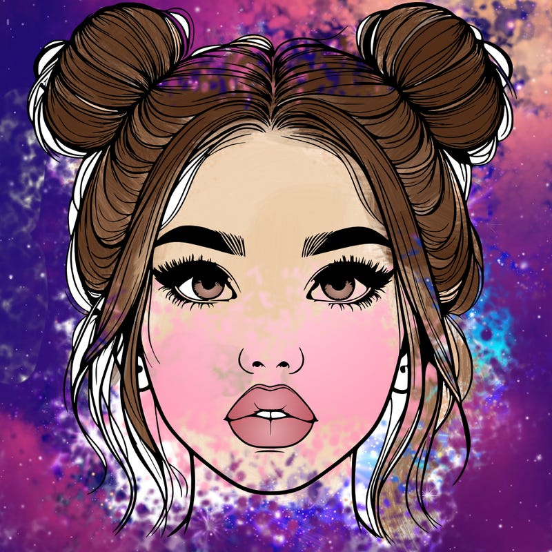 realistic girl with two buns on her hair and lips
