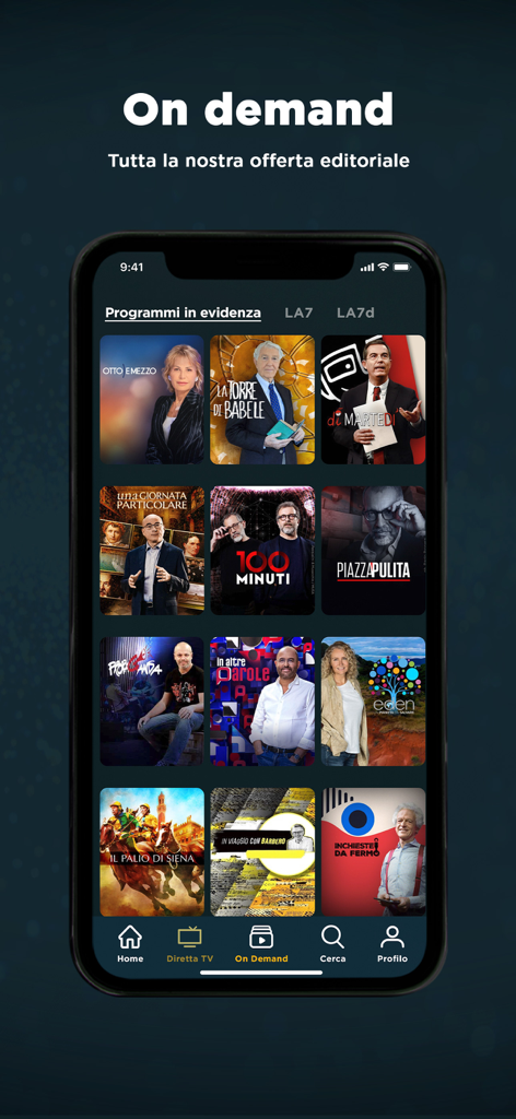 La7 - Schermata dell'app mobile La7 che mostra una selezione di programmi TV italiani disponibili on demand