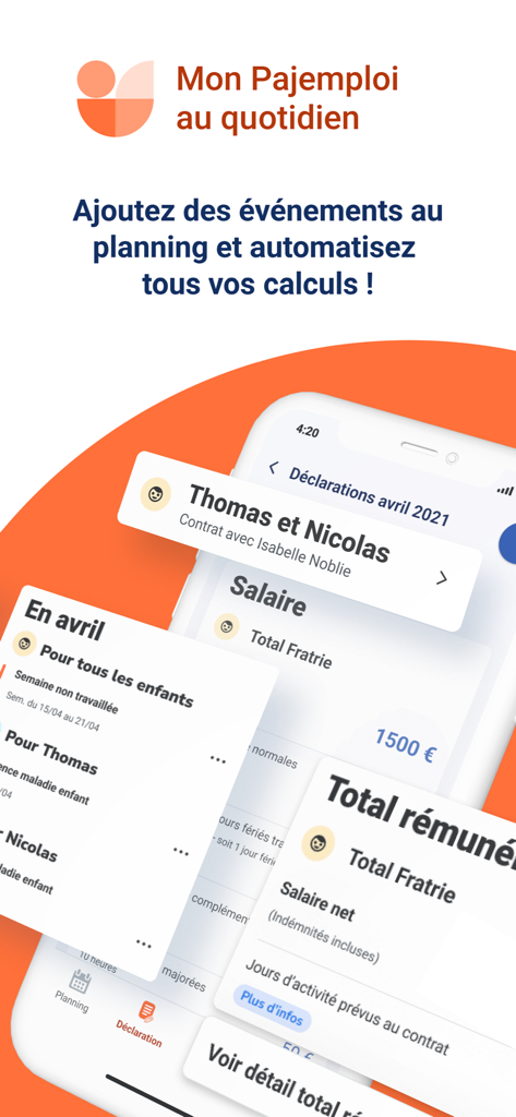 Interface of Mon Pajemploi au quotidien app showing salary and planning automation