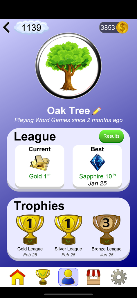 Word Games - Una pantalla de perfil de usuario en la aplicación Juegos de Palabras que muestra las clasificaciones de liga y los trofeos ganados