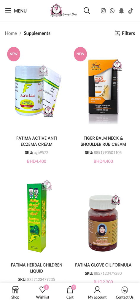 Thai House Cosmetic - Thai House Cosmetic mobile app showing a list of supplement products including anti eczema cream and tiger balm rub