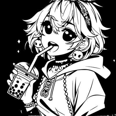 hot baddie anime girl drinking boba and biting the straw
