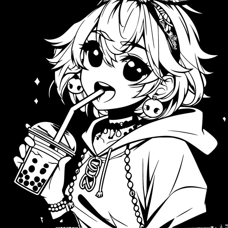 hot baddie anime girl drinking boba and biting the straw