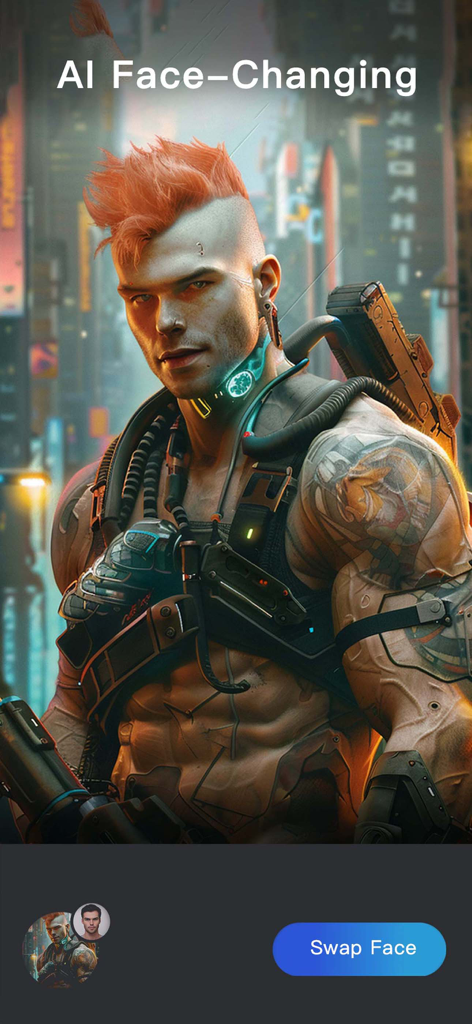 Una captura de pantalla de la aplicación Manly mostrando su función de intercambio de caras con IA con un personaje de estilo cyberpunk.