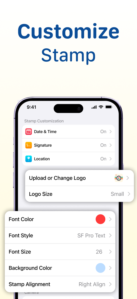 Time & Date Stamper on Photo - Smartphone screen showing customization settings for photo time and date stamps
