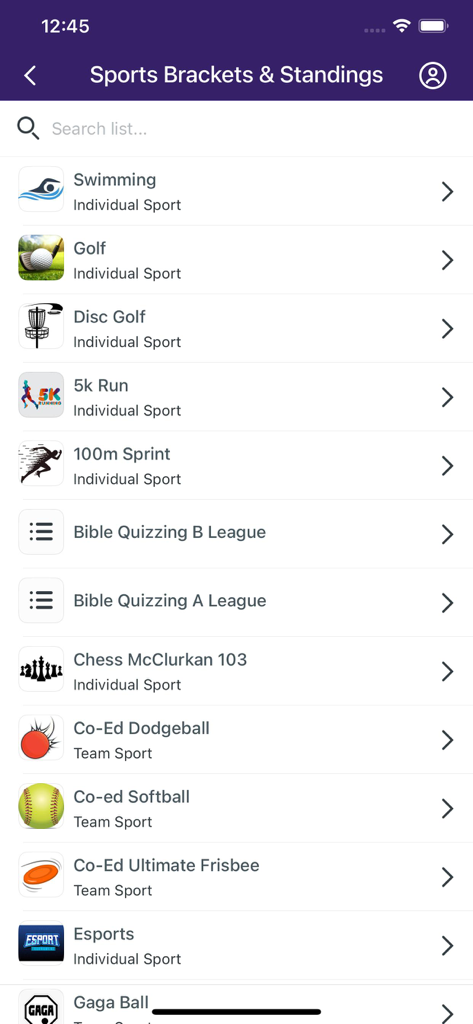 TNT @ TNU - TNT @ TNUアプリのスクリーンショット。スイミング、ゴルフ、聖書クイズなどのアクティビティのリストが表示されたスポーツブラケットと順位画面が表示されています。