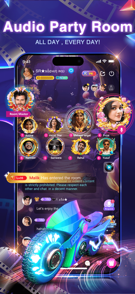 DramaTadka - Shorts & Live - Audio party room interface in the DramaTadka app featuring user profiles and interactive live chat.