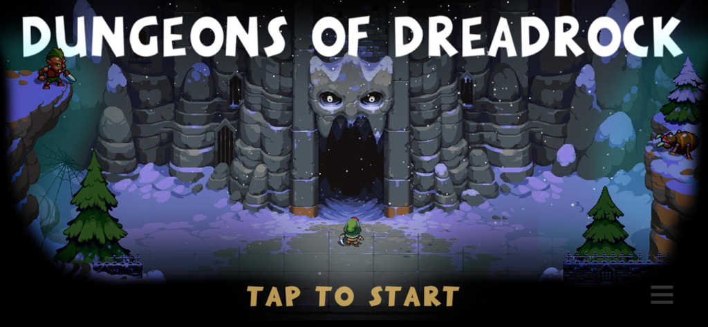Dungeons of Dreadrock - Pantalla de título de Dungeons of Dreadrock mostrando un héroe en la entrada de una mazmorra de montaña nevada.